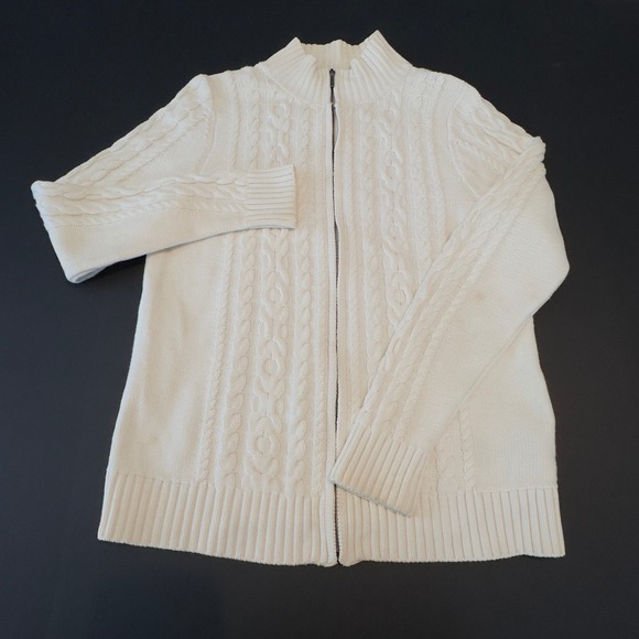 L.L. Bean Sweaters - LL Bean Womens Cream White Cotton Cable Knit Full Zip Cardigan Sweater M 298836
